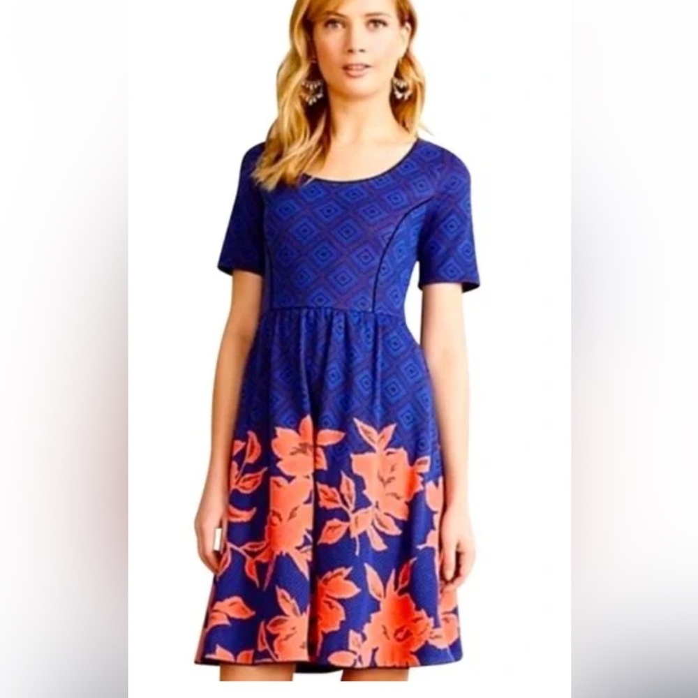 HD in Paris Anthropologie size L blue geometric floral print dress